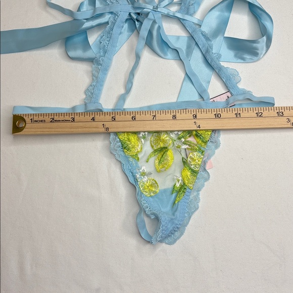 Victoria Secret Lingerie Teddy OnePiece Bodysuit Blue Yellow Floral Lemons Sheer - Picture 13 of 16